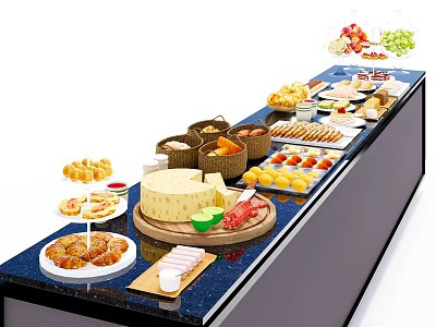Buffet Dining Table Topped With Assorted Cheeses Fruits Pastries Meats And Vegetables 3d model