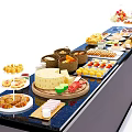 Buffet Dining Table Topped With Assorted Cheeses Fruits Pastries Meats And Vegetables 3d model