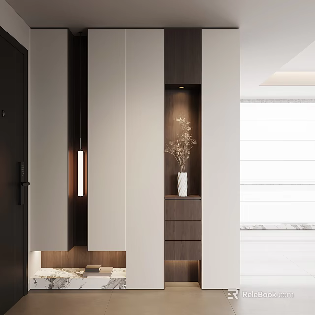 Modern Minimalist Entryway Hallway Design With Cabinets Lighting And Vase Plant 3d model 
