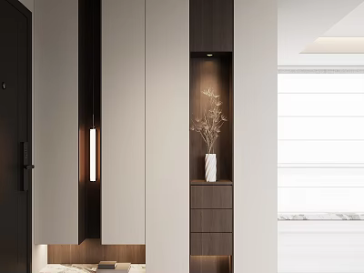 Modern Minimalist Entryway Hallway Design With Cabinets Lighting And Vase Plant 3d model