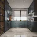 Modern Kitchen With Dark Blue Cabinets Window Blinds Oven Countertop And Lighting