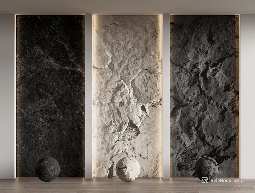 Textured Background Wall Design With Dark Marble Light Rough Dark Rock Finishes And Spherical Decor 3d model 