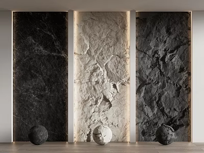 Textured Background Wall Design With Dark Marble Light Rough Dark Rock Finishes And Spherical Decor 3d model