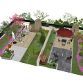 Courtyard Garden Landscape Design With Various Plants Seating Area Red Parasol And Paved Flooring