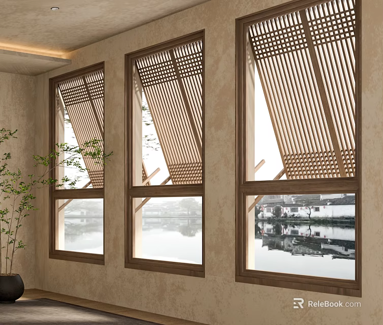 Wooden Lattice Windows Open Design Featuring Water Surface Reflection Indoor Plant Natural Light 3d model 