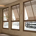 Wooden Lattice Windows Open Design Featuring Water Surface Reflection Indoor Plant Natural Light