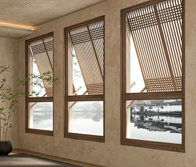 Wooden Lattice Windows Open Design Featuring Water Surface Reflection Indoor Plant Natural Light 3d model