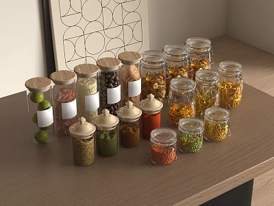 Decorative Glass Spice Jars Filled With Various Spices On Wooden Kitchen Countertop 3d model