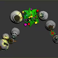 Festive Christmas Scene With Green Tree Star Balls And Snowmen In Hats Scarves With Lights