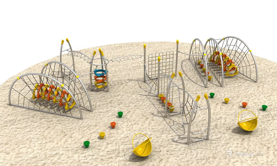 Outdoor Playground Sports Equipment With Climbing Frames Swing Sets And Colorful Balls On Sand Ground 3d model 
