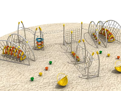 Outdoor Playground Sports Equipment With Climbing Frames Swing Sets And Colorful Balls On Sand Ground 3d model