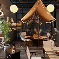 Modern Open Café Interior with Pendant Lights Green Plants and Wooden Tables and Chairs