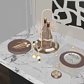 Elegant Tableware Set With Plates Wine Glasses Gold Tray And Nuts On Marble Table 3d model