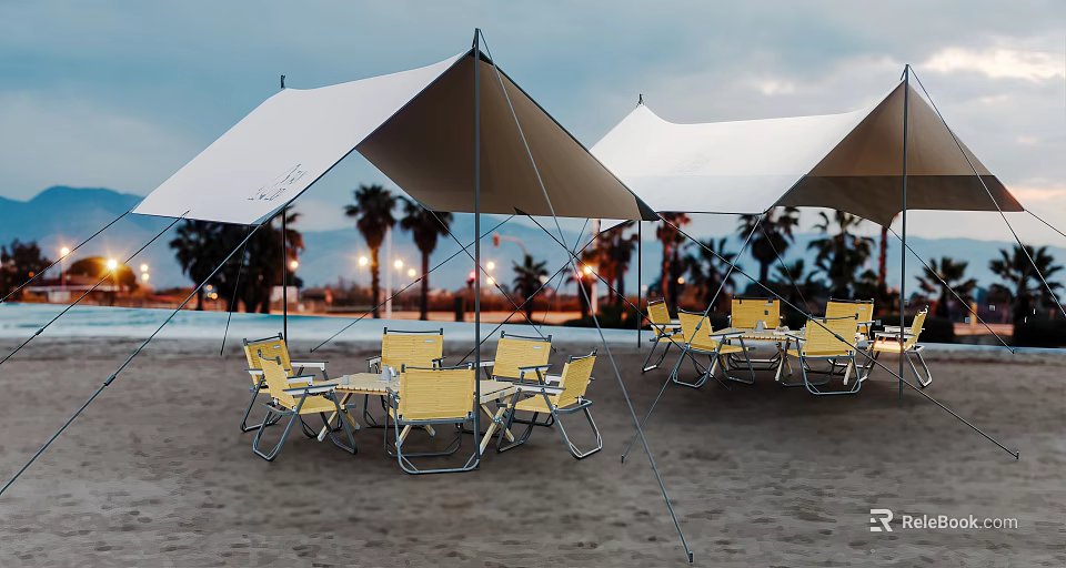 Outdoor Table on Beach with Yellow Chairs White Tents Palm Trees and Lights 3d model 