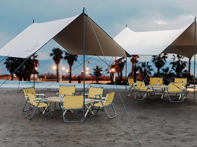 Outdoor Table on Beach with Yellow Chairs White Tents Palm Trees and Lights 3d model