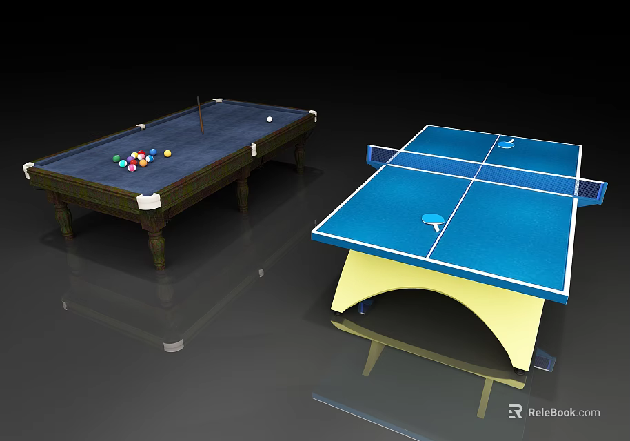 Quality Sports Equipment Featuring Billiard Table With Balls Cue And Blue Ping Pong Table 3d model 