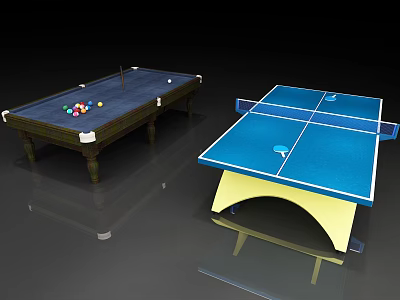 Quality Sports Equipment Featuring Billiard Table With Balls Cue And Blue Ping Pong Table 3d model