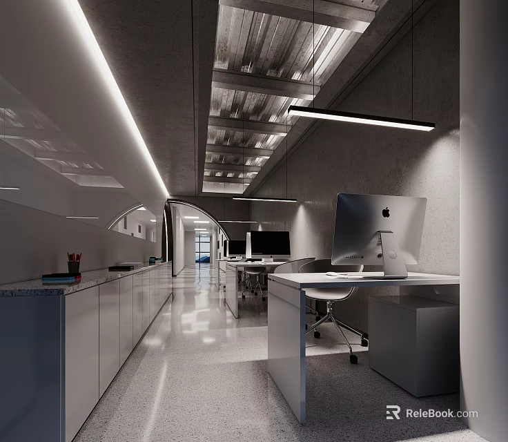 Modern Public Office Workspace With Long Desks Computers And Minimalist Design 3d model 
