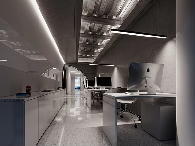 Modern Public Office Workspace With Long Desks Computers And Minimalist Design 3d model