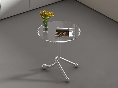 Modern Side Table with Transparent Glass Top Silver Metal Frame and Yellow Flowers 3d model