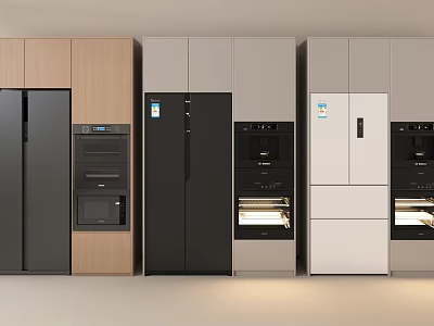 Sleek Modern Kitchen Refrigerators In Black White Gray With Integrated Design And Ovens 3d model