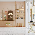 Modern Luxury Boutique Interior With Gold Shelves Display Counters And Beauty Products