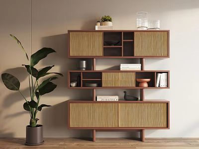 Modern Wooden Bookcase With Open Shelves Cabinets Decorative Items Books Glassware Indoor With Large Plant 3d model