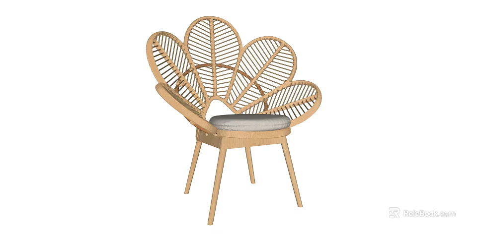 Rattan Single Chair With Petal Shaped Backrest Gray Seat And Wooden Legs 3d model 