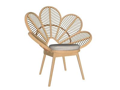 Rattan Single Chair With Petal Shaped Backrest Gray Seat And Wooden Legs 3d model