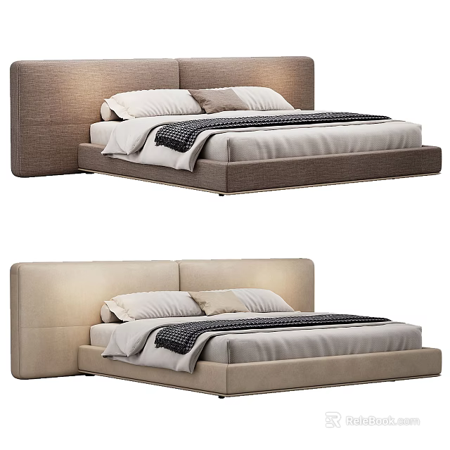 Modern Bedroom Interior With Brown Beige Headboard And Striped Bedding 3d model 