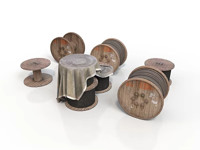 Vintage Decorative Wooden Spools With Cloth Cover And Stacked Thread Reels 3d model