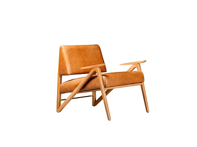 Brown Leather Accent Chair With Wooden Frame And Minimalist Modern Design 3d model