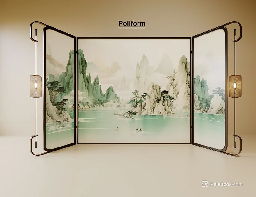 Traditional Chinese Screen With Green Landscape Painting And Metal Frame Lantern Lights 3d model 