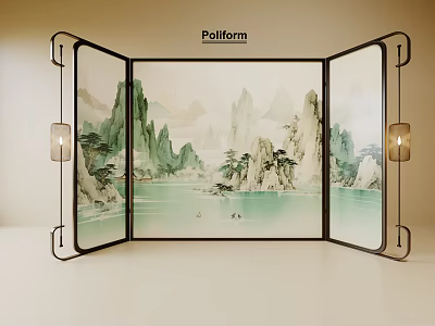 Traditional Chinese Screen With Green Landscape Painting And Metal Frame Lantern Lights 3d model