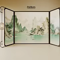 Traditional Chinese Screen With Green Landscape Painting And Metal Frame Lantern Lights
