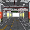 Well Lit Interior B2 Level Parking Garage With Orange Columns Yellow Arrows And Floor Markings