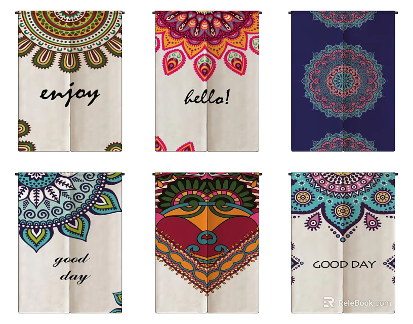 Colorful Decorative Kitchen Curtains With Mandala Patterns And Hello Good Day Enjoy Text Elements 3d model