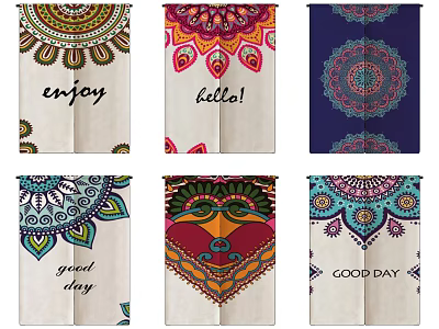 Colorful Decorative Kitchen Curtains With Mandala Patterns And Hello Good Day Enjoy Text Elements 3d model