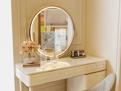 Elegant Modern Vanity With Gold Frame Round Mirror White Countertop And Drawers 3d model