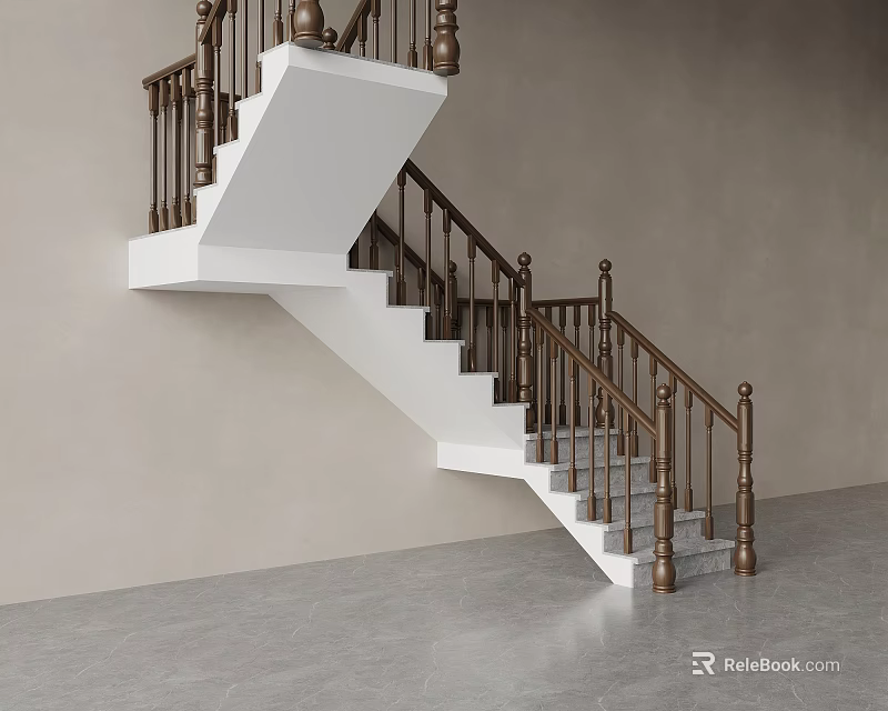 Modern Staircase With White Steps Brown Railings Light Colored Walls And Gray Floor 3d model 