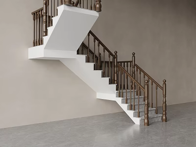 Modern Staircase With White Steps Brown Railings Light Colored Walls And Gray Floor 3d model