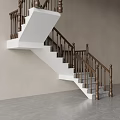 Modern Staircase With White Steps Brown Railings Light Colored Walls And Gray Floor