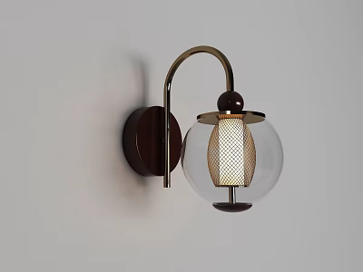 Elegant Luxury Wall Lamp with Glass Lampshade Wooden Base and Curved Metal Bracket 3d model