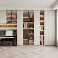 Modern Bookcase With Glass Doors Holding Books And Decorations In Interior Space