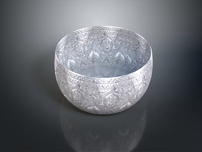 Intricate Carved Silver Bowl Sculpture With Detailed Patterns And Reflective Surface 3d model