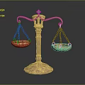 Golden Balance Scales with Green Gemstone on Top and Decorative Metallic Base Against Dark Background