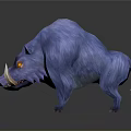 Blue Boar with Yellow Eyes and White Tusks Standing Against Black Background with Reflection