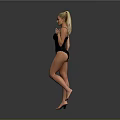 Blonde Woman In Black One Piece Swimsuit Standing Against Gray Background