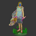 Magical Girl Character With Red White Fish Creature Wings Blue Dress And Green Plants