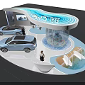 EHP Auto Show Booth With Two Blue Cars Display Screen Seats And Visitors